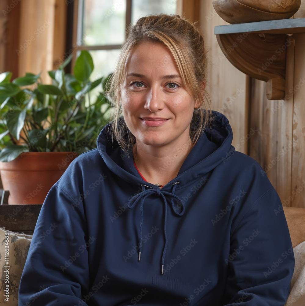 Blonde Woman in a Cozy Navy Hoodie Relaxing Indoors Blonde Woman in a Cozy Navy Hoodie Relaxing Indoors