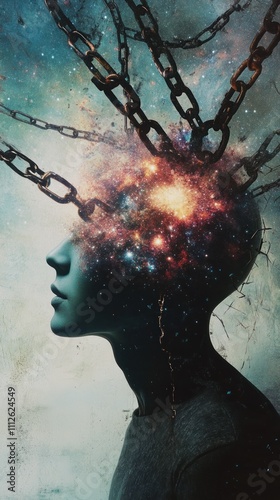 Profile view of head with universe bursting out