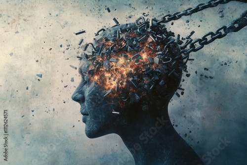 Head structure with chains and cosmic imagery inside