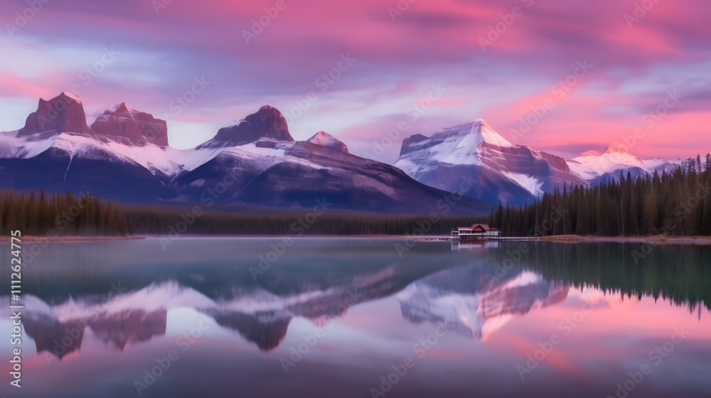 Majestic Mountain Range Reflecting in Calm Lake at Sunrise Majestic Mountain Range Reflecting in Calm Lake at Sunrise