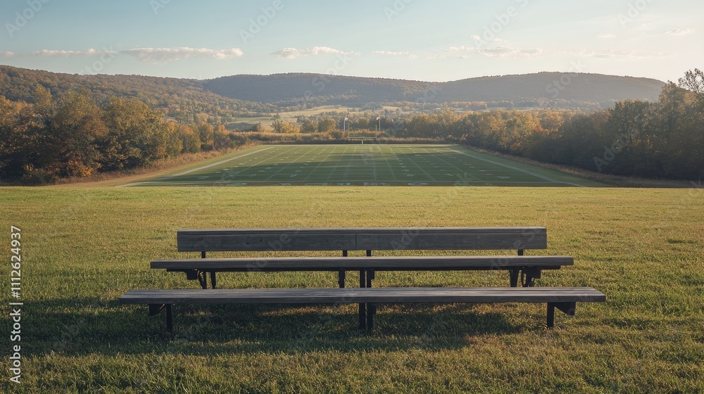 A rural high school football field with a simple wooden bleacher setup and rolling hills in the background A rural high school football field with a simple wooden bleacher setup and rolling hills in the background