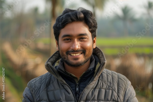 Portrait of a blissful indian man in his 20s sporting a quilted insulated jacket while standing against quiet countryside landscape