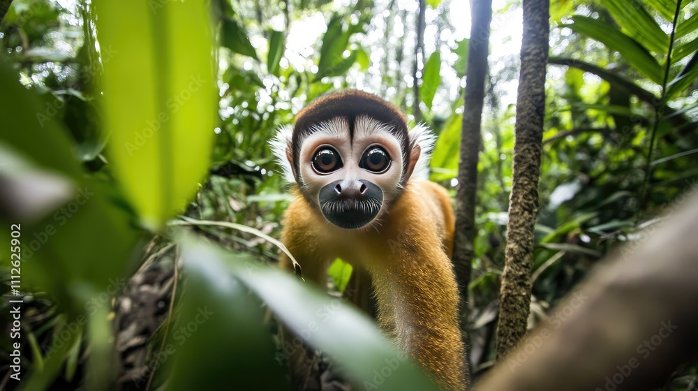 Fototapeta premium A spider monkey's habitat captured in a wide-angle shot, showcasing towering trees and dense undergrowth