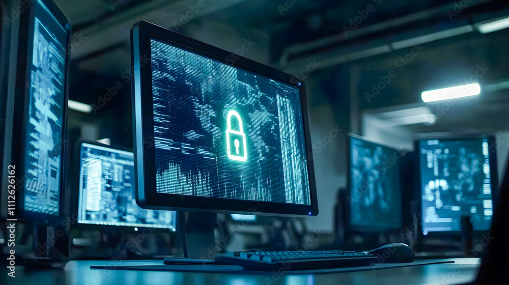 Digital Security Concept with Lock Symbol on Computer Screen in Dark Office Environment with Multiple Screens Displaying Data Visualizations Digital Security Concept with Lock Symbol on Computer Screen in Dark Office Environment with Multiple Screens Displaying Data Visualizations