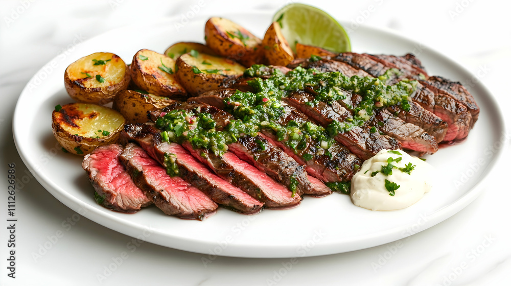 Grilled Flank Steak with Chimichurri and Patatas Bravas, Latin American Main Course Photography Grilled Flank Steak with Chimichurri and Patatas Bravas, Latin American Main Course Photography