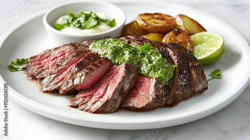 Grilled Flank Steak with Chimichurri and Patatas Bravas, Latin American Main Course Photography