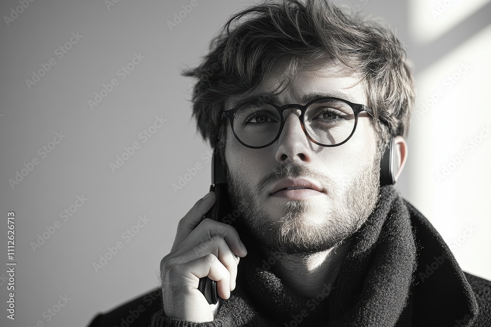 Film-inspired photo of a man talking on the phone, blending soft shadows with modern aesthetics. Film-inspired photo of a man talking on the phone, blending soft shadows with modern aesthetics.