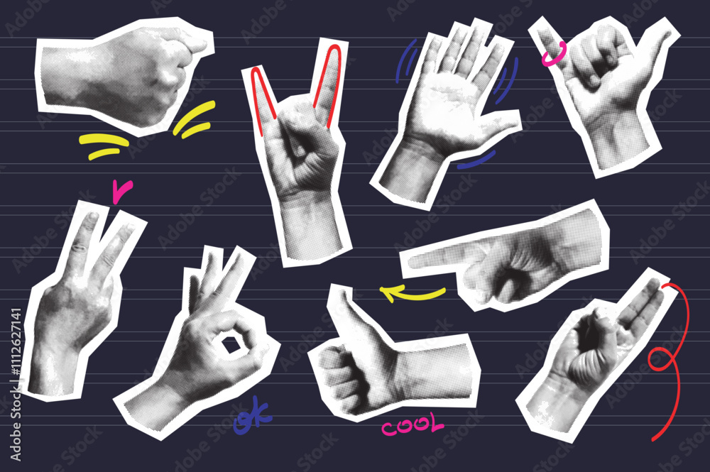 Trendy vintage collage conception with symbols set. Halftone collection with fist, hands show cool, open palm, peace, ok, thumb up, finger points direction in retro pop art style. Vector illustration.