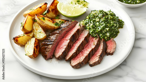 Grilled Flank Steak with Chimichurri and Patatas Bravas, Latin American Main Course Photography