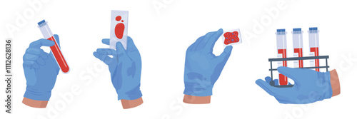 Blood tube analysis. Bloods filling glass vial tubes in nurse hands gloves for medical hiv or diabetes test, biochemistry chemical lab experience testing vector illustration