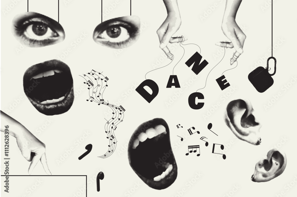 Trendy vintage collage conception with symbols set. Halftone collection with dance text, eyes, hands, open female mouth singing, ears listening music sound in retro pop art style. Vector illustration.