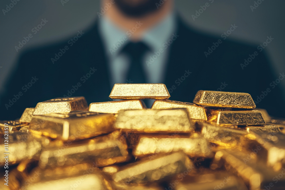 A businessman stands behind a mound of gleaming gold bars. A businessman stands behind a mound of gleaming gold bars.
