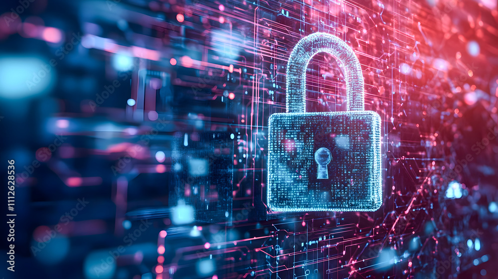Futuristic Digital Lock Symbol Against Abstract Data Background in Blue and Red Colors, Representing Cybersecurity and Protection Concepts Futuristic Digital Lock Symbol Against Abstract Data Background in Blue and Red Colors, Representing Cybersecurity and Protection Concepts