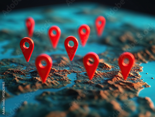 Map with red location pins highlighting various points of interest, showcasing detailed landscape. vibrant colors and clear markers create engaging visual for navigation photo