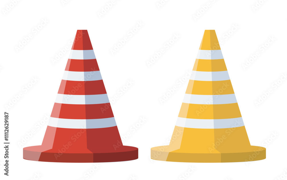 Road work sign. Red and yellow stripped cones. Safety at roads and highways. Driver information sign. Traffic regulations. Flat vector illustration Road work sign. Red and yellow stripped cones. Safety at roads and highways. Driver information sign. Traffic regulations. Flat vector illustration