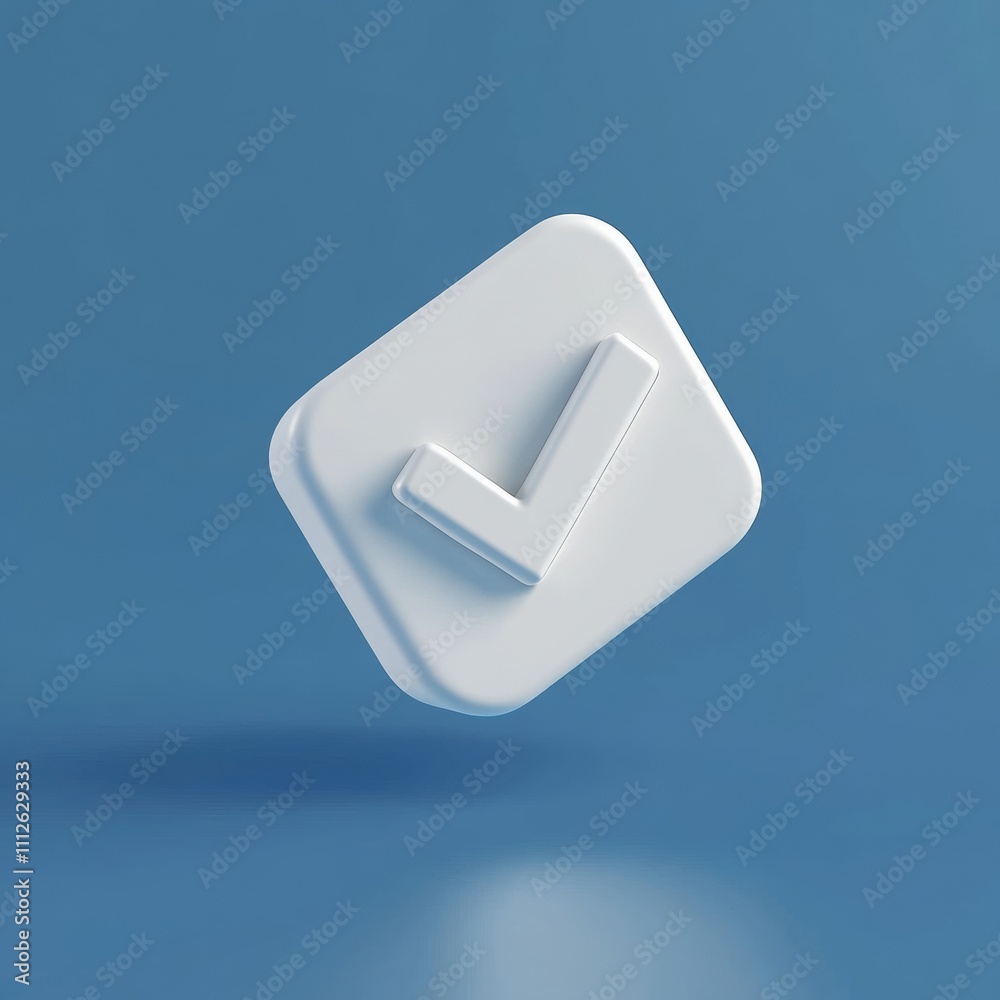 Floating white check mark icon on blue backdrop, symbolizing approval and confirmation in a sleek, modern design Floating white check mark icon on blue backdrop, symbolizing approval and confirmation in a sleek, modern design