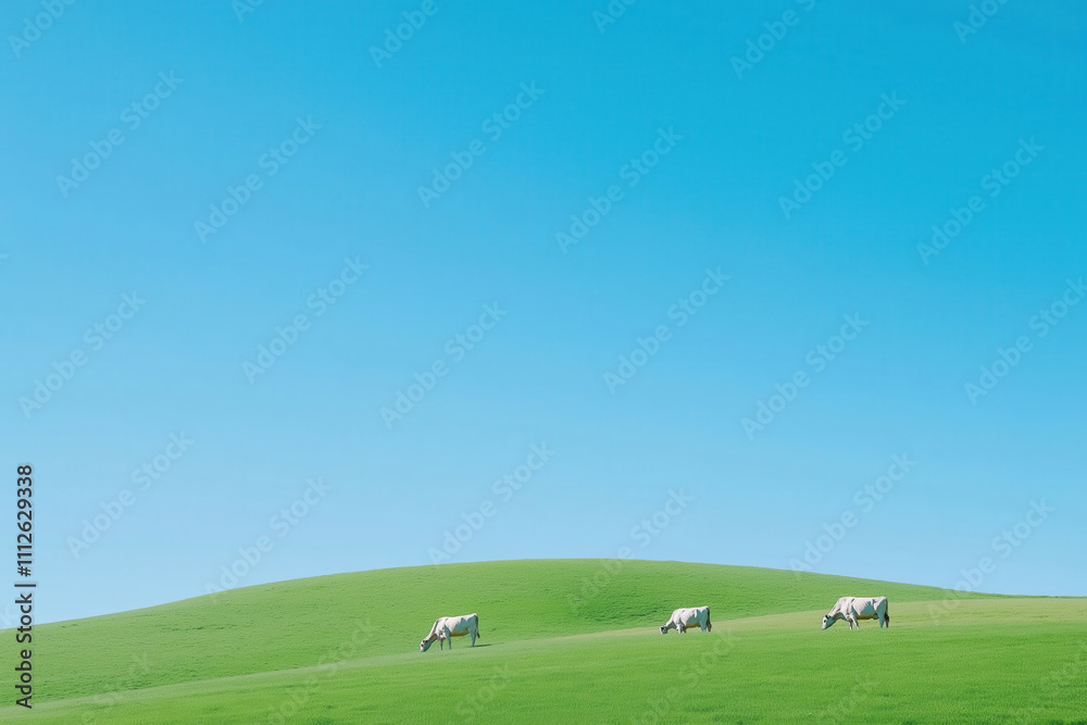 Naklejka premium On lovely and tranquil day three cows are peacefully grazing on lush green hillside that is filled with vibrant rich grass. Sustainable and Animal Welfare in Dairy Farming, National and World Milk Day