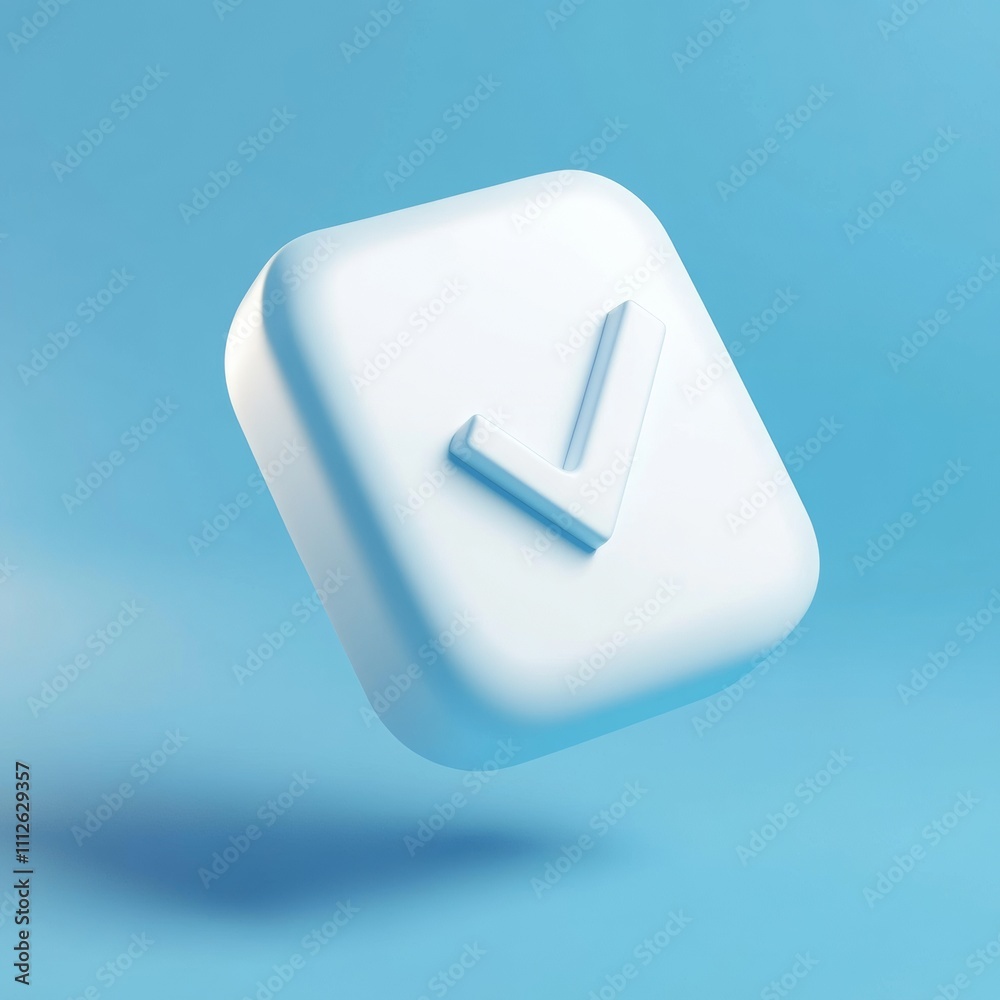 Floating 3D white check mark icon against a vibrant blue backdrop, symbolizing approval and confirmation in a sleek design. Floating 3D white check mark icon against a vibrant blue backdrop, symbolizing approval and confirmation in a sleek design.