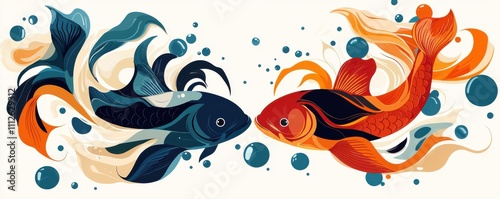 Colorful abstract art depicting two fish swimming with bubbles