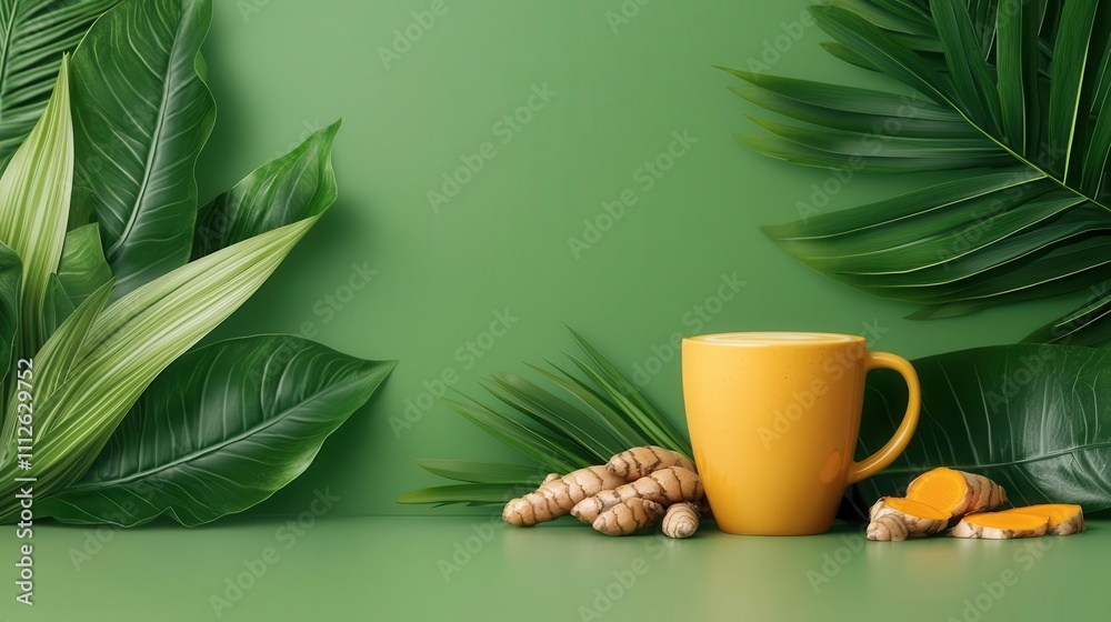 Overhead view of a golden turmeric latte surrounded by fresh turmeric roots and leaves, focusing on wellness trends Overhead view of a golden turmeric latte surrounded by fresh turmeric roots and leaves, focusing on wellness trends