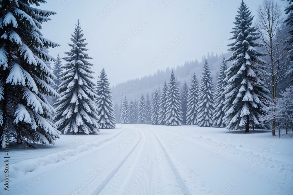 Serene winter landscape with snow-covered pine trees and tranquil road in forest. Serene winter landscape with snow-covered pine trees and tranquil road in forest.