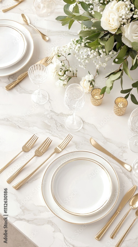 Closeup view of stylish white plate and golden-accented cutlery arranged on a white marble table, ideal for sophisticated dining experiences Closeup view of stylish white plate and golden-accented cutlery arranged on a white marble table, ideal for sophisticated dining experiences