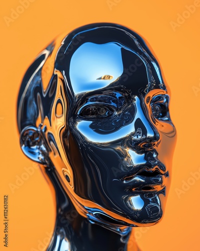 A silver head with a black face is reflected in a mirror. The reflection is distorted and the image is abstract