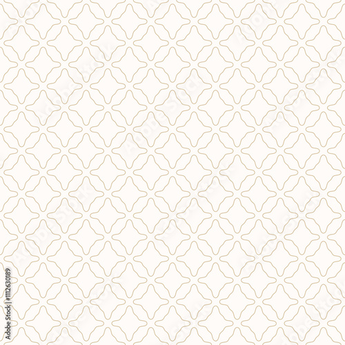 Luxury golden seamless pattern. Vector geometric texture with outline elements, curved shapes, smooth flower silhouettes. Simple abstract gold and white ornament. Repeating minimal geo background