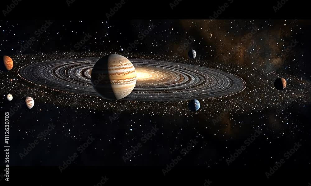 A digital depiction of planets and rings in a cosmic scene, showcasing the solar system.