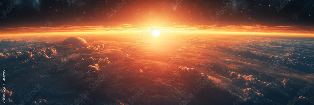 Fototapeta premium Majestic dawn over a massive ringed planet, vibrant colors filling the cosmos, celestial beauty unfolding in the vast universe