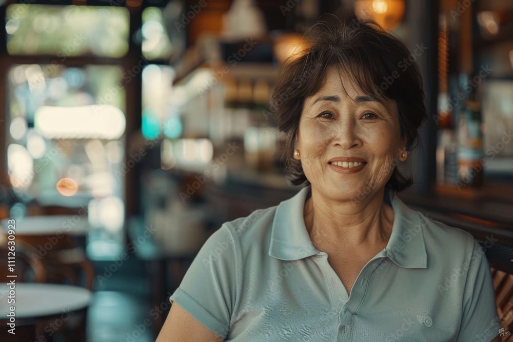 Portrait of a joyful asian woman in her 40s wearing a breathable golf polo in front of bustling city cafe Portrait of a joyful asian woman in her 40s wearing a breathable golf polo in front of bustling city cafe