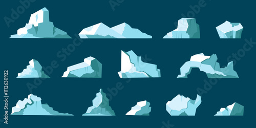 Iceberg. Floating glaciers, ice cubes and blocks. Arctic and Antarctic landscape elements. Icy crystal rocks in cold water. Winter decorative objects. Vector cartoon flat style isolated illustration