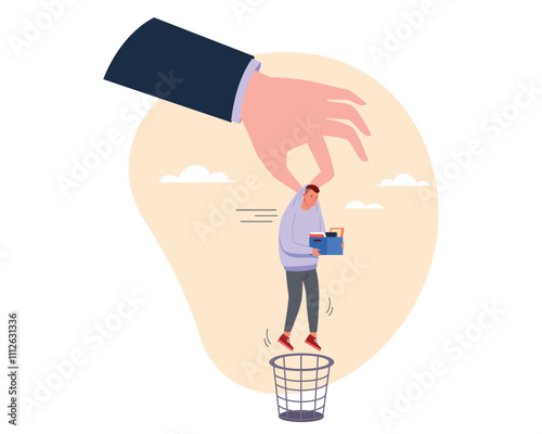 Hand lay off. Employer boss arm holding fired office worker throws in bin, unemployment concept dismissal employee job failure businessman rejecting staff vector illustration
