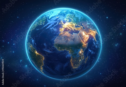 Stunning View of the Earth from Space Highlighting Landmasses, Oceans, and City Lights in a Cosmic Environment Filled with Stars and Nebulae in the Background