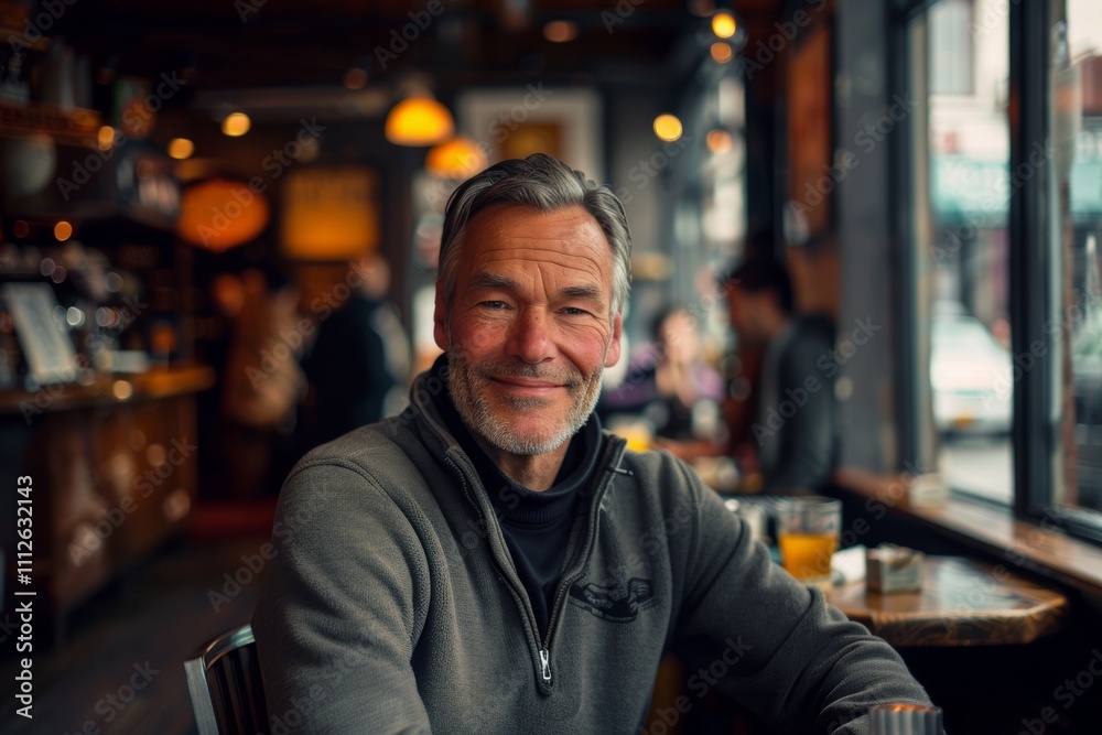 Portrait of a jovial caucasian man in his 50s sporting a long-sleeved thermal undershirt isolated on bustling city cafe