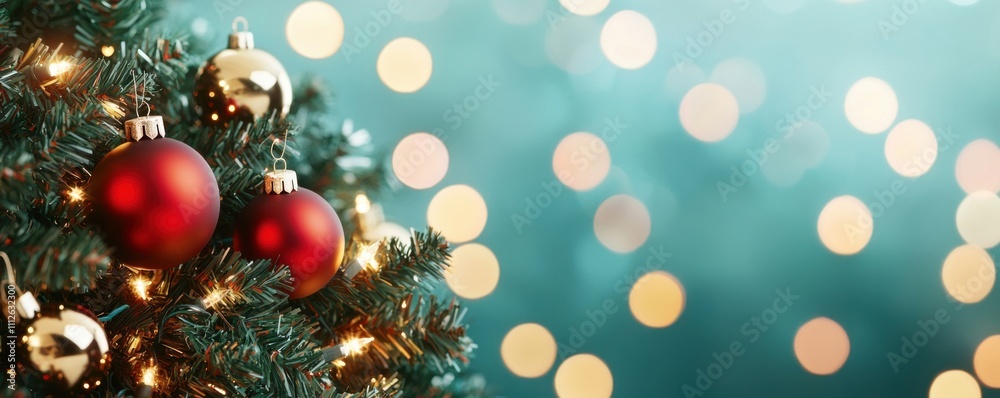 A festive Christmas tree adorned with red ornaments, twinkling lights, and a soft, blurred background of bokeh lights. A festive Christmas tree adorned with red ornaments, twinkling lights, and a soft, blurred background of bokeh lights.