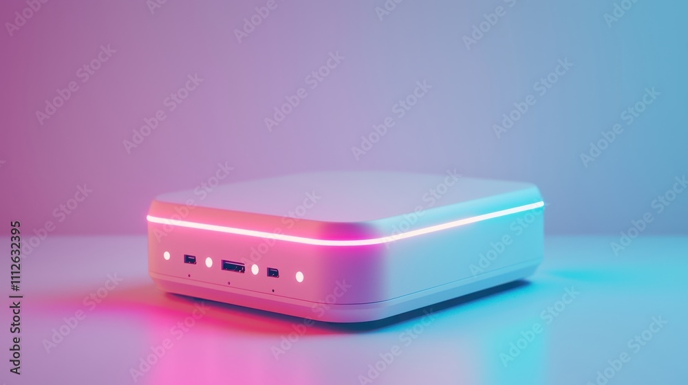 A compact and stylish wireless router with glowing antennas and LED indicators, sitting on a pristine white background. The minimalistic design emphasizes connectivity and modernity. Perfect A compact and stylish wireless router with glowing antennas and LED indicators, sitting on a pristine white background. The minimalistic design emphasizes connectivity and modernity. Perfect