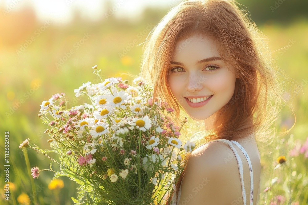 Slim beautiful young woman holding a bouquet of wildflowers, half-body portrait, sunny outdoor field, capturing a carefree and joyful Motherâ€™s Day moment in nature.