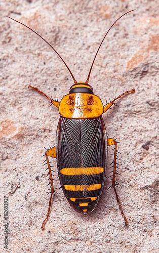 Close-up of a vibrant orange and black cockroach. photo