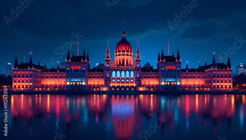 Illuminated parliament building at night reflecting in water with colorful lights and skyline