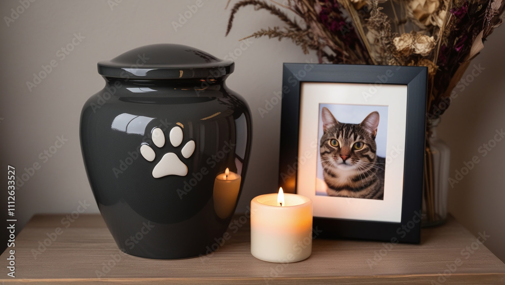Tabby Cat Pet Ashes in Cremation Urn with Lit Candle on a Shelf
