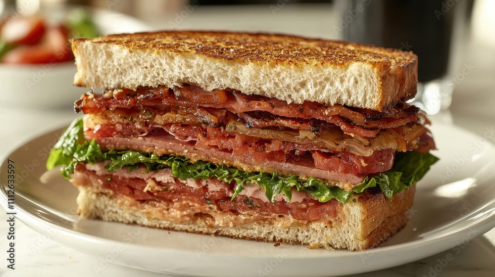 A freshly made sandwich with layers of crispy lettuce, ripe tomato, and deli meat, arranged on a white plate. The clean white background makes the vibrant ingredients pop. The composition feels A freshly made sandwich with layers of crispy lettuce, ripe tomato, and deli meat, arranged on a white plate. The clean white background makes the vibrant ingredients pop. The composition feels
