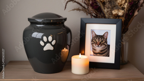 Tabby Cat Pet Ashes in Cremation Urn with Lit Candle on a Shelf photo