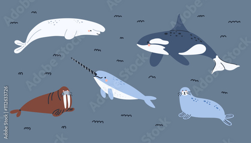 Arctic sea animals. Polar fish and mammal. Northern cute cold ocean inhabitants. Whale, narwhal, orca, beluga. Underwater wildlife design. Cartoon flat isolated north wildlife fauna illustrations set