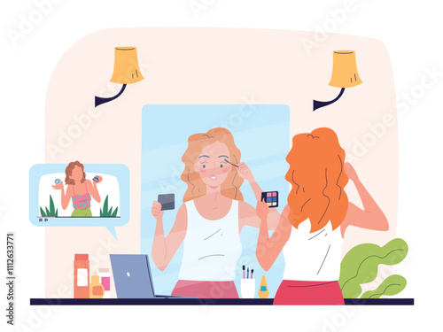 Makeup online lesson. Beauty vlog virtual training cosmetic tutorial course, woman watching in mirror and make make-up in home, cosmetics female bloggers vector illustration