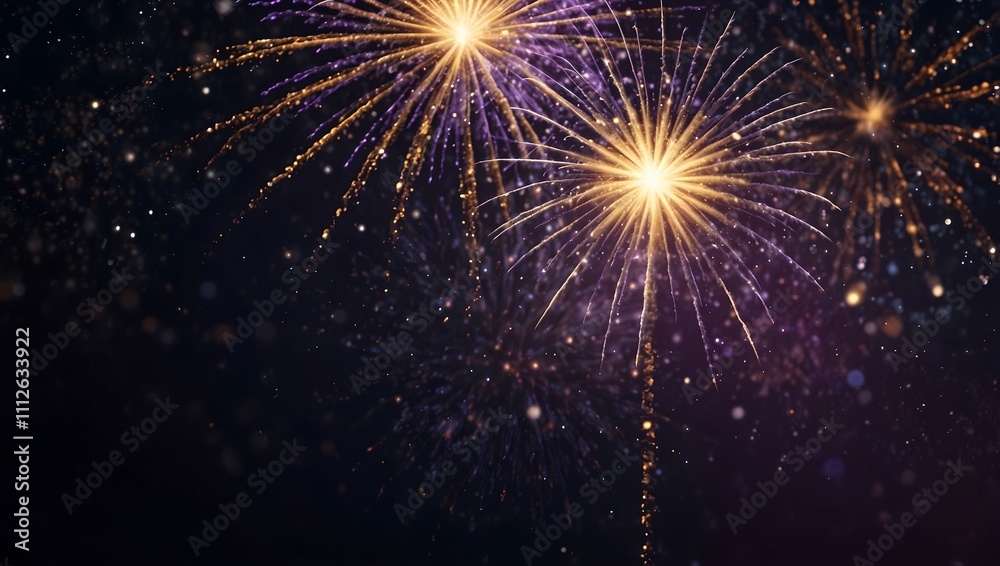 Obraz premium Bright gold and purple fireworks explode against a dark night sky.