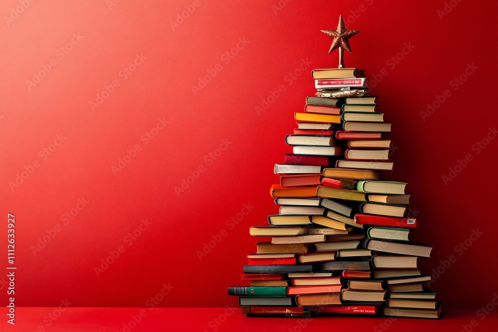 Christmas tree made of books on a red background, , Christmas concept representing the holiday season and reading day Christmas tree made of books on a red background, , Christmas concept representing the holiday season and reading day