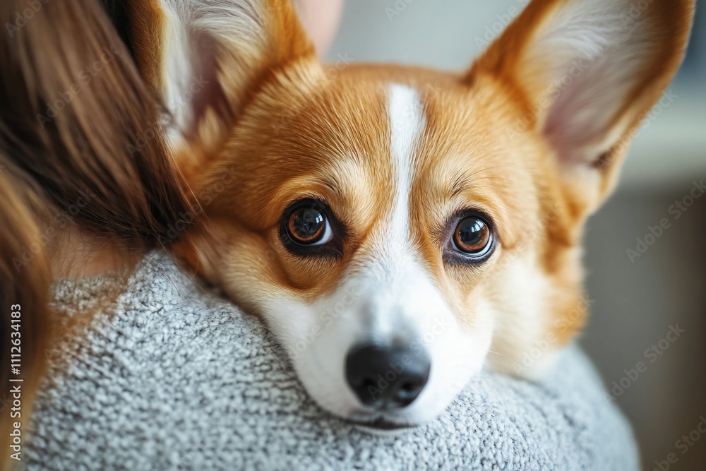 Cute corgi dog looking to the camera while being held by his owner at the vet clinic, selective focus, copy space. Pet health care concept Cute corgi dog looking to the camera while being held by his owner at the vet clinic, selective focus, copy space. Pet health care concept