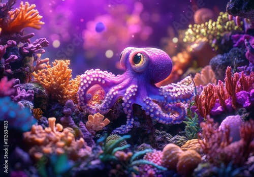 Vibrant Purple Octopus Among Colorful Coral Reefs in a Dynamic Underwater Scene Showcasing Marine Life in Lush Ocean Environment photo