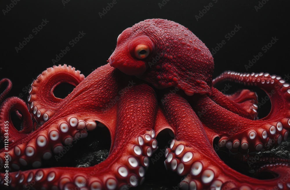 Obraz premium Vivid Red Octopus Displaying Intricate Textures and Unique Features Against a Dark Background for Underwater and Oceanic Imagery
